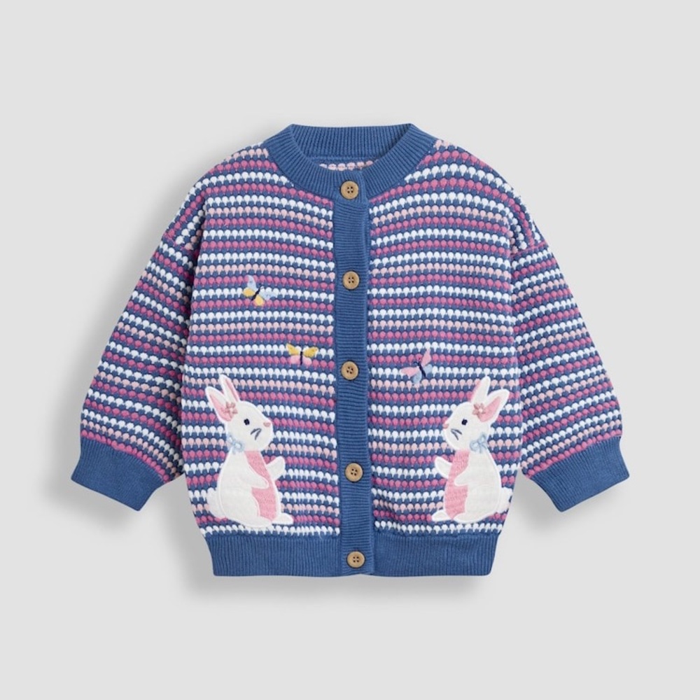 JoJo Maman Bébé Blue Bunny Bubble Knit Appliqué Cardigan